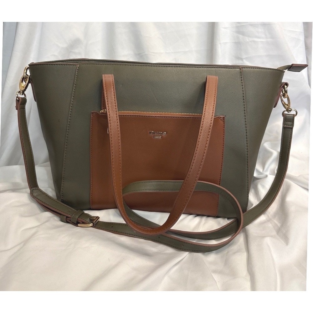 Dune London Olive Green Tan Colorblock Faux Leather Tote Crossbody Bag
